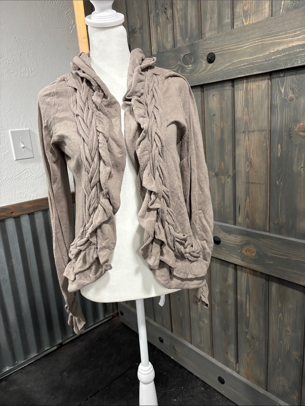 INC International Concepts Taupe Ruffle Hooded Cardigan
